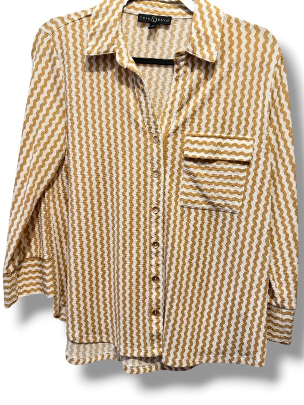 Fred David Women’s Collared Mustard & White Wavy Stripe Button-Front Shirt